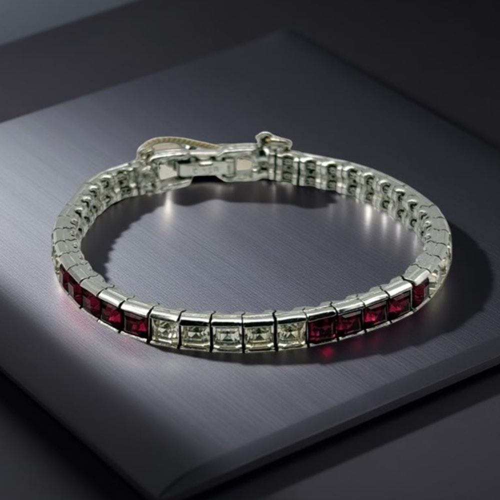 Vintage CINER Ruby Red & Clear Rhinestone Silver Tone Tennis Bracelet – 7”